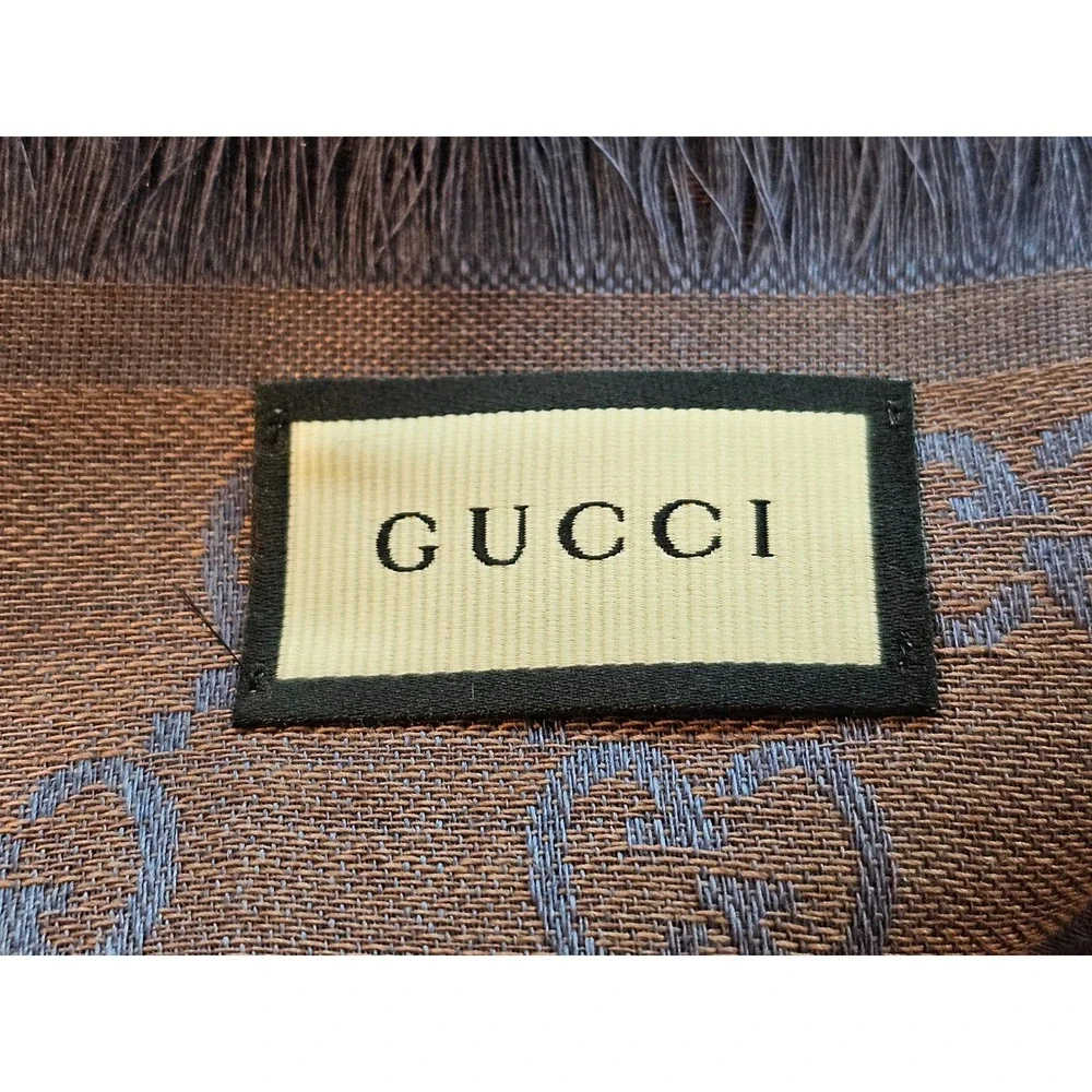 Gucci GG Monogram Scarf Unisex Brown Blue Jacquard Silk Wool Fringed Shawl Wrap